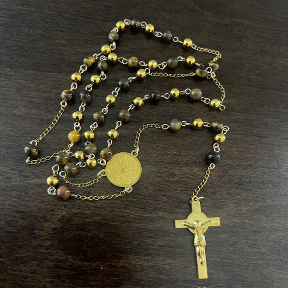 Rosary Genuine Tiger Eye Beads Gold Tone Stainless Steel NWOT